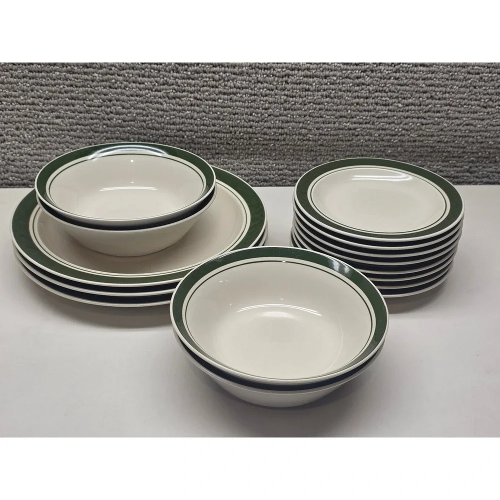 Gibson Housewares China 15pc‎ Dinnerware Set Cream Forest Green Banded Rim